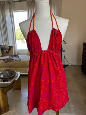 Halter Mini Dress - Pink with Orange Accents